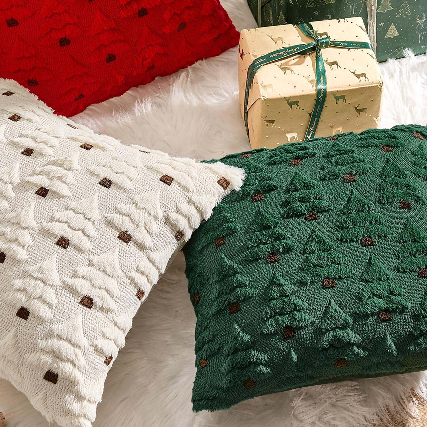 imageMIULEE Christmas Tree Decorative Pillow Covers Faux Fur Wool Throw Pillows Soft Plush Cushion Covers Set of 2 Xmas Home Decor Winter Holiday for Sofa Couch Livingroom Bed 18x18 Inch BeigeDark Green