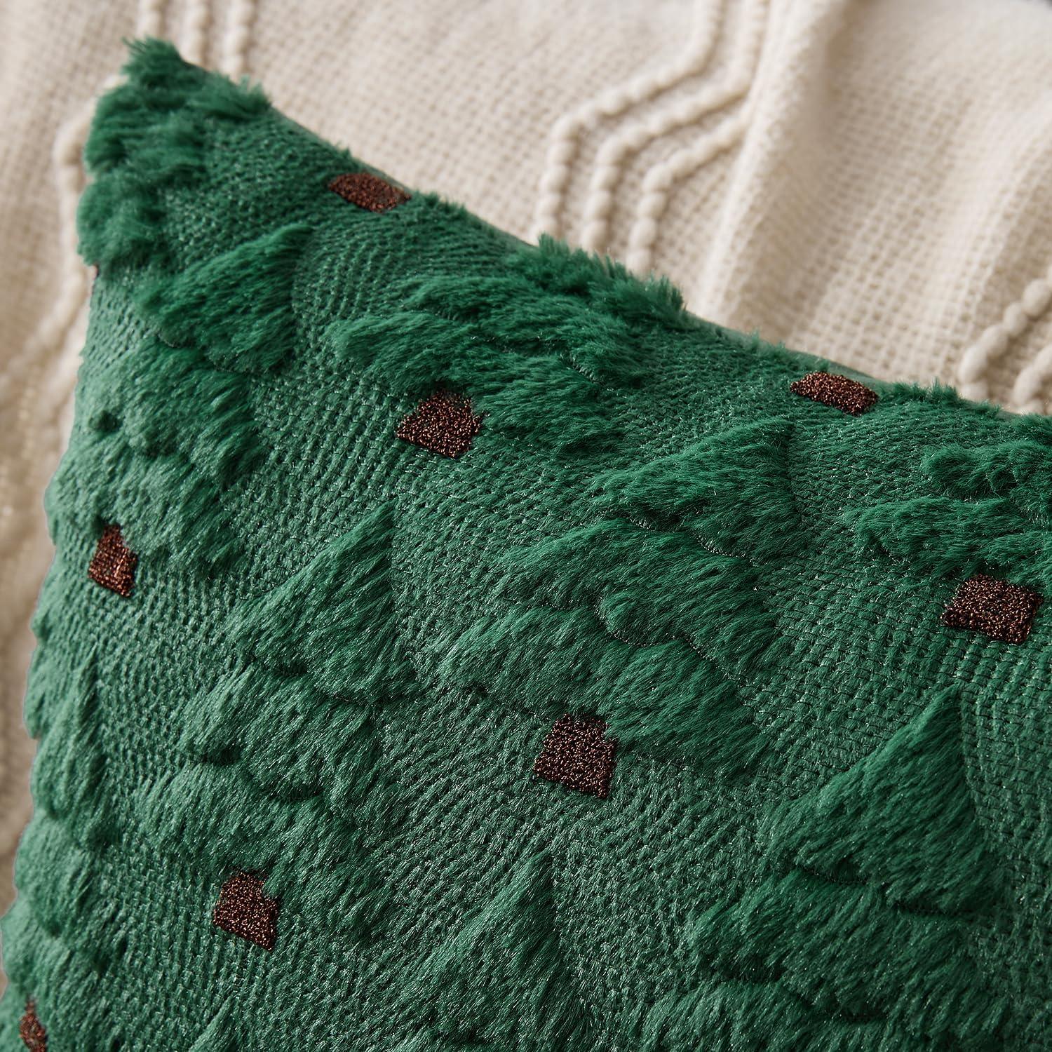 imageMIULEE Christmas Tree Decorative Pillow Covers Faux Fur Wool Throw Pillows Soft Plush Cushion Covers Set of 2 Xmas Home Decor Winter Holiday for Sofa Couch Livingroom Bed 18x18 Inch BeigeDark Green