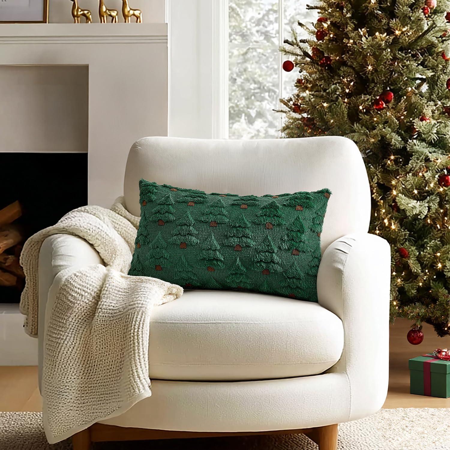 imageMIULEE Christmas Tree Decorative Pillow Covers Faux Fur Wool Throw Pillows Soft Plush Cushion Covers Set of 2 Xmas Home Decor Winter Holiday for Sofa Couch Livingroom Bed 18x18 Inch BeigeDark Green