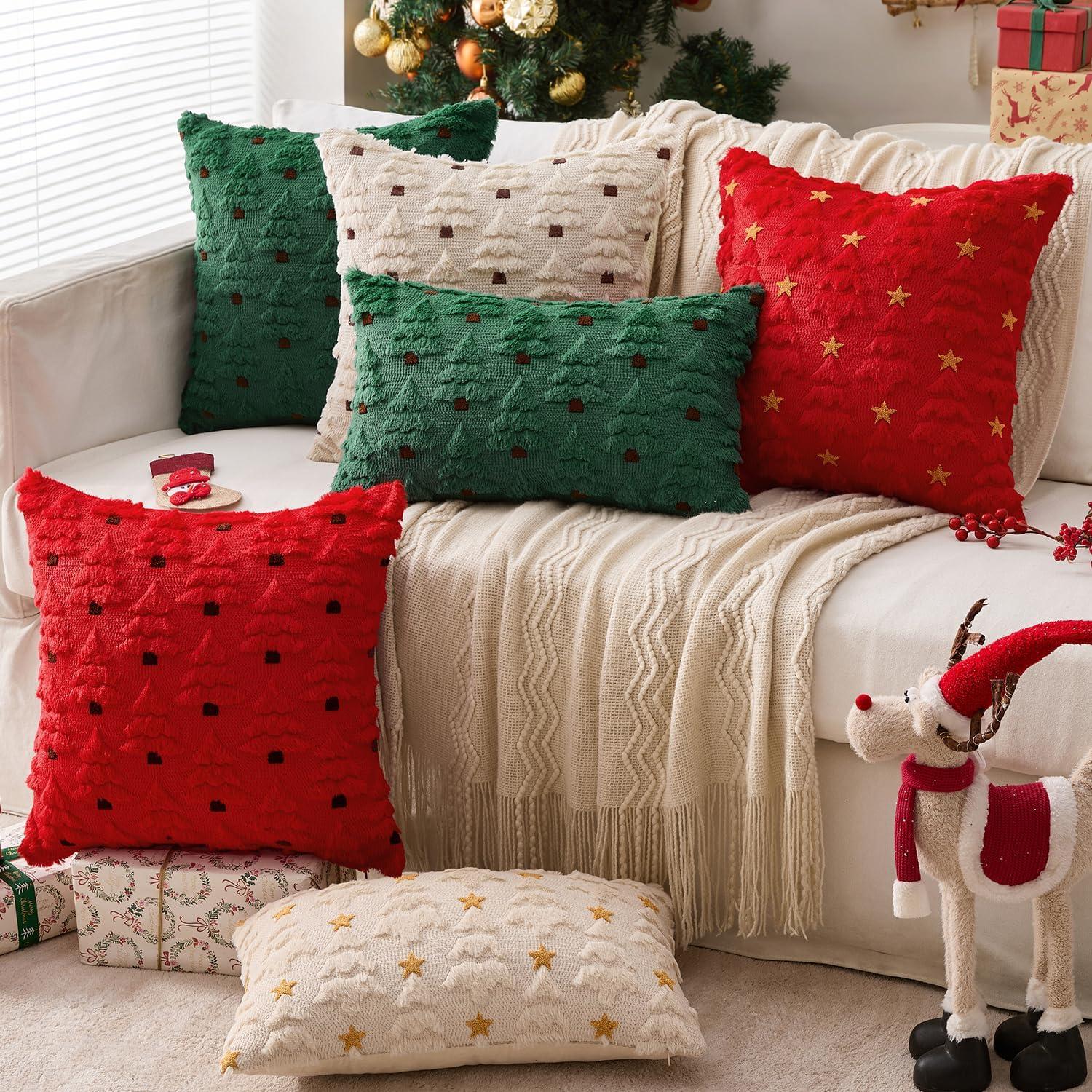 imageMIULEE Christmas Tree Decorative Pillow Covers Faux Fur Wool Throw Pillows Soft Plush Cushion Covers Set of 2 Xmas Home Decor Winter Holiday for Sofa Couch Livingroom Bed 18x18 Inch BeigeRed