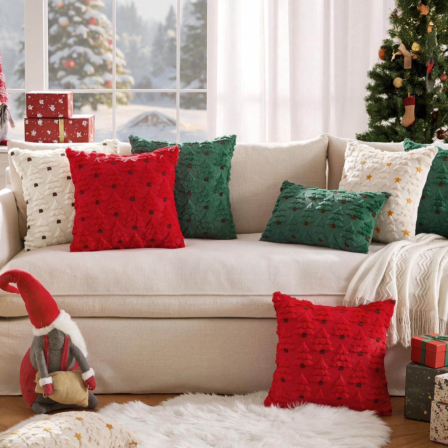imageMIULEE Christmas Tree Decorative Pillow Covers Faux Fur Wool Throw Pillows Soft Plush Cushion Covers Set of 2 Xmas Home Decor Winter Holiday for Sofa Couch Livingroom Bed 18x18 Inch CreamDark Green