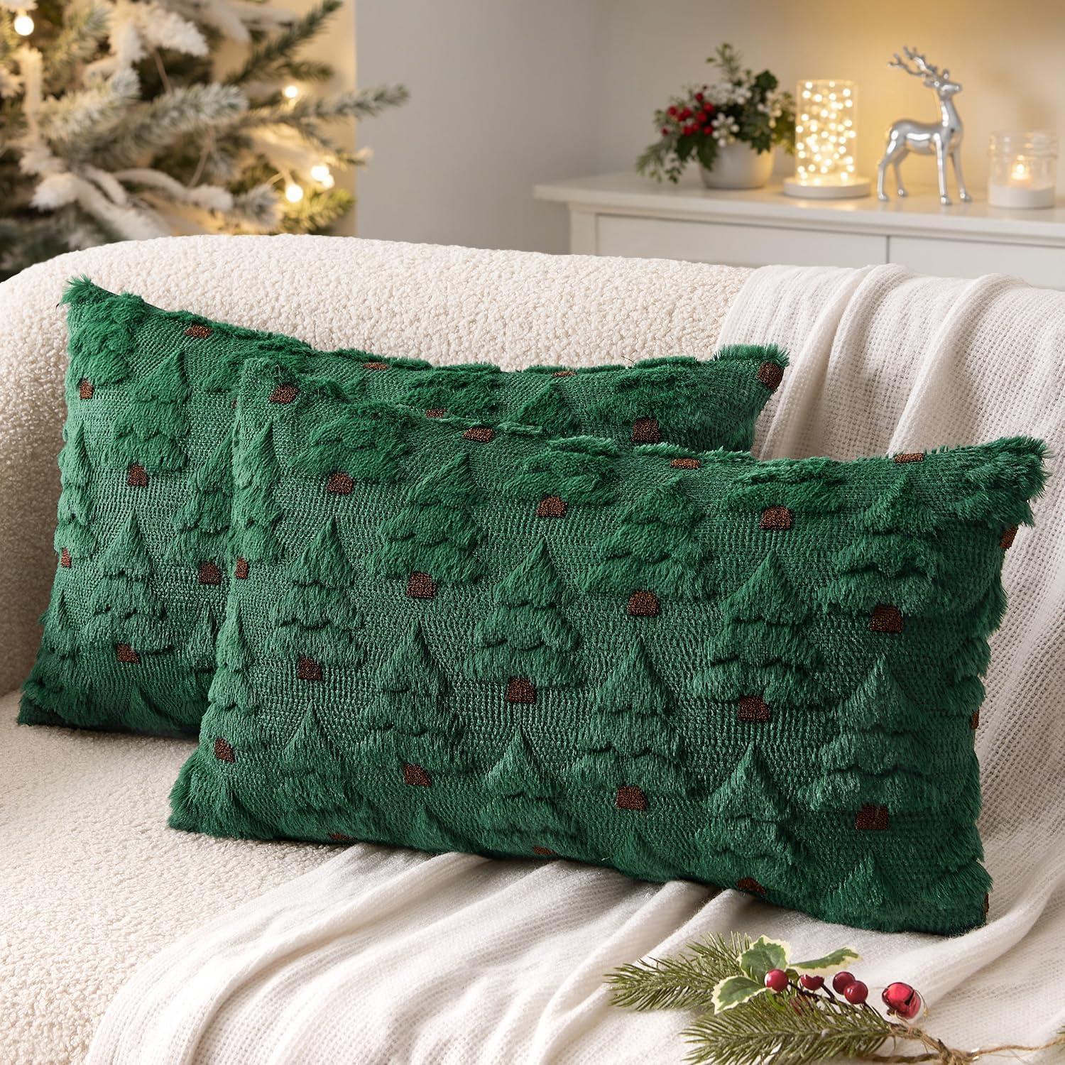 imageMIULEE Christmas Tree Decorative Pillow Covers Faux Fur Wool Throw Pillows Soft Plush Cushion Covers Set of 2 Xmas Home Decor Winter Holiday for Sofa Couch Livingroom Bed 18x18 Inch CreamDark Green