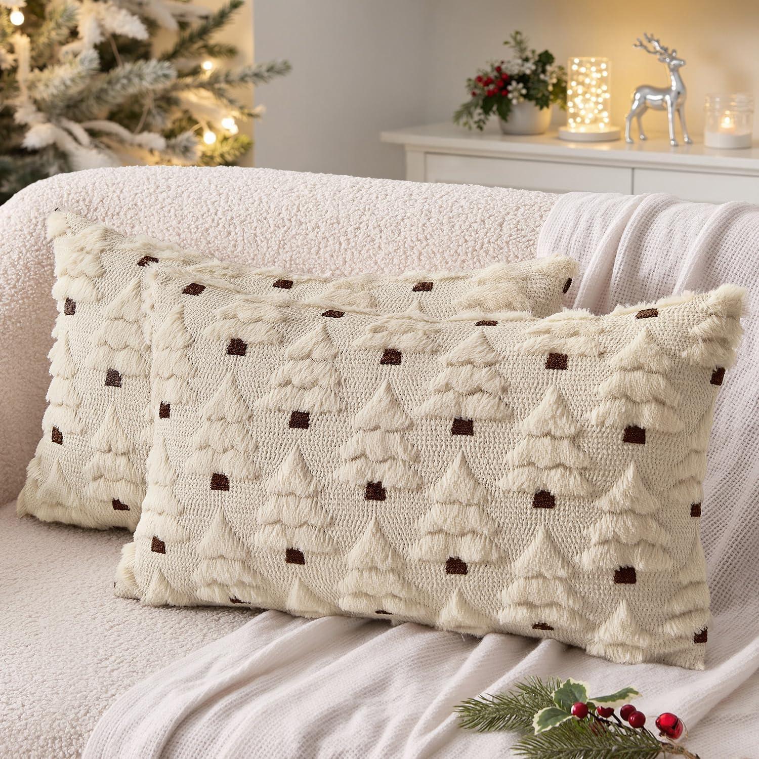 imageMIULEE Christmas Tree Decorative Pillow Covers Faux Fur Wool Throw Pillows Soft Plush Cushion Covers Set of 2 Xmas Home Decor Winter Holiday for Sofa Couch Livingroom Bed 18x18 Inch CreamBeige
