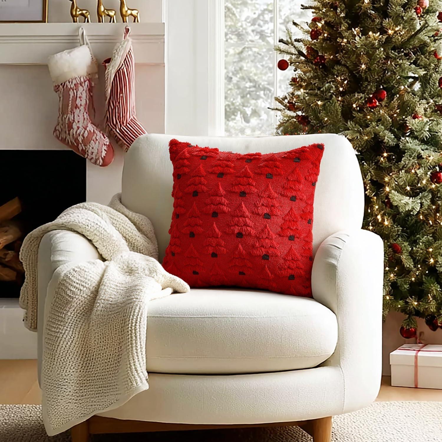 imageMIULEE Christmas Tree Decorative Pillow Covers Faux Fur Wool Throw Pillows Soft Plush Cushion Covers Set of 2 Xmas Home Decor Winter Holiday for Sofa Couch Livingroom Bed 18x18 Inch CreamRed