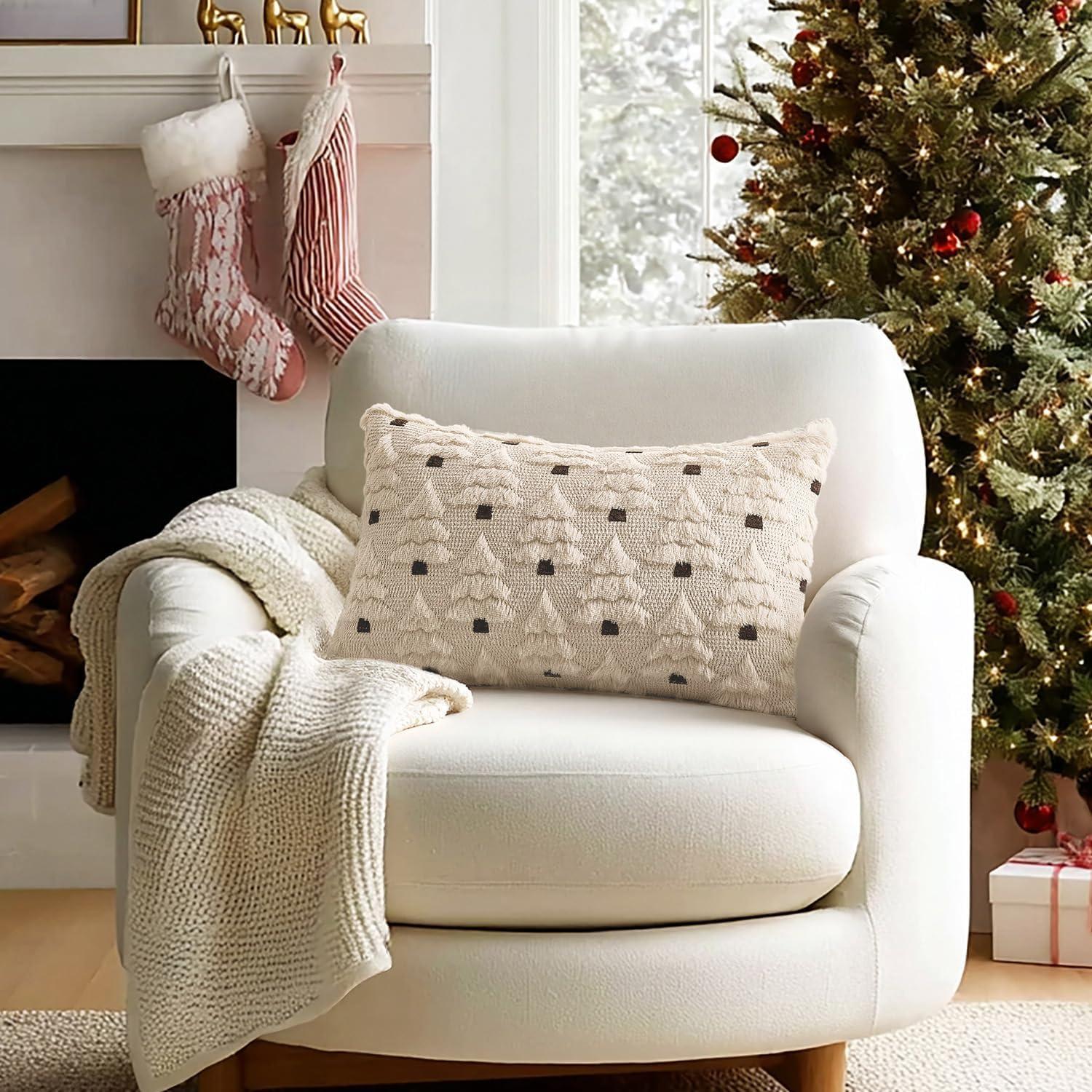 imageMIULEE Christmas Tree Decorative Pillow Covers Faux Fur Wool Throw Pillows Soft Plush Cushion Covers Set of 2 Xmas Home Decor Winter Holiday for Sofa Couch Livingroom Bed 18x18 Inch CreamBeige