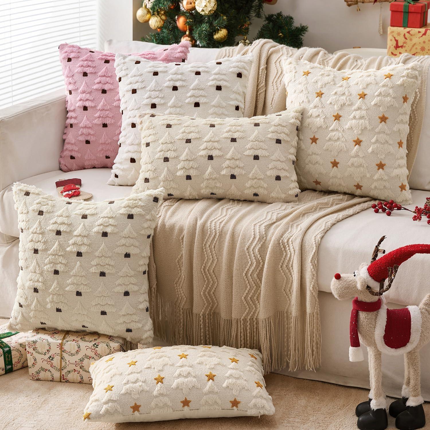 imageMIULEE Christmas Tree Decorative Pillow Covers Faux Fur Wool Throw Pillows Soft Plush Cushion Covers Set of 2 Xmas Home Decor Winter Holiday for Sofa Couch Livingroom Bed 18x18 Inch BeigeCream