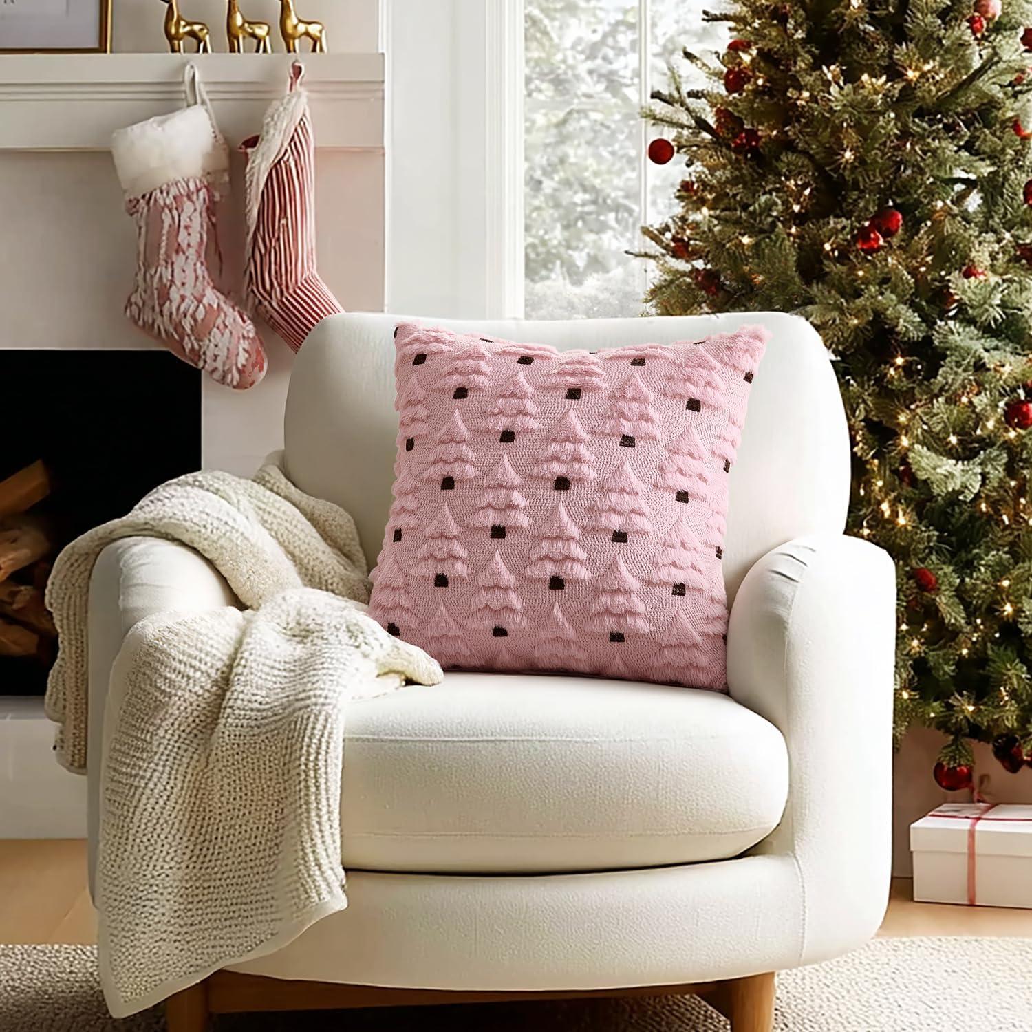 imageMIULEE Christmas Tree Decorative Pillow Covers Faux Fur Wool Throw Pillows Soft Plush Cushion Covers Set of 2 Xmas Home Decor Winter Holiday for Sofa Couch Livingroom Bed 18x18 Inch CreamPink