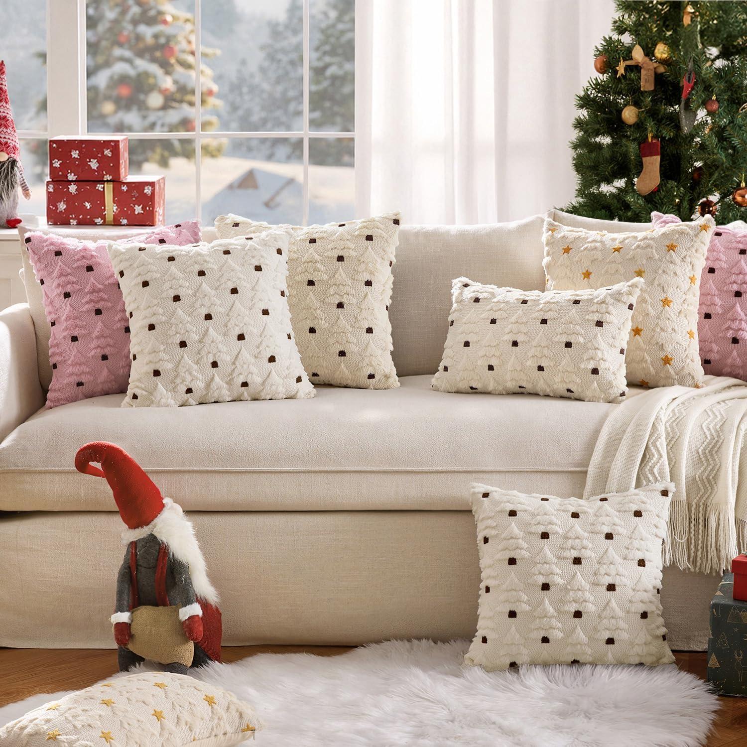 imageMIULEE Christmas Tree Decorative Pillow Covers Faux Fur Wool Throw Pillows Soft Plush Cushion Covers Set of 2 Xmas Home Decor Winter Holiday for Sofa Couch Livingroom Bed 18x18 Inch BeigeBeige