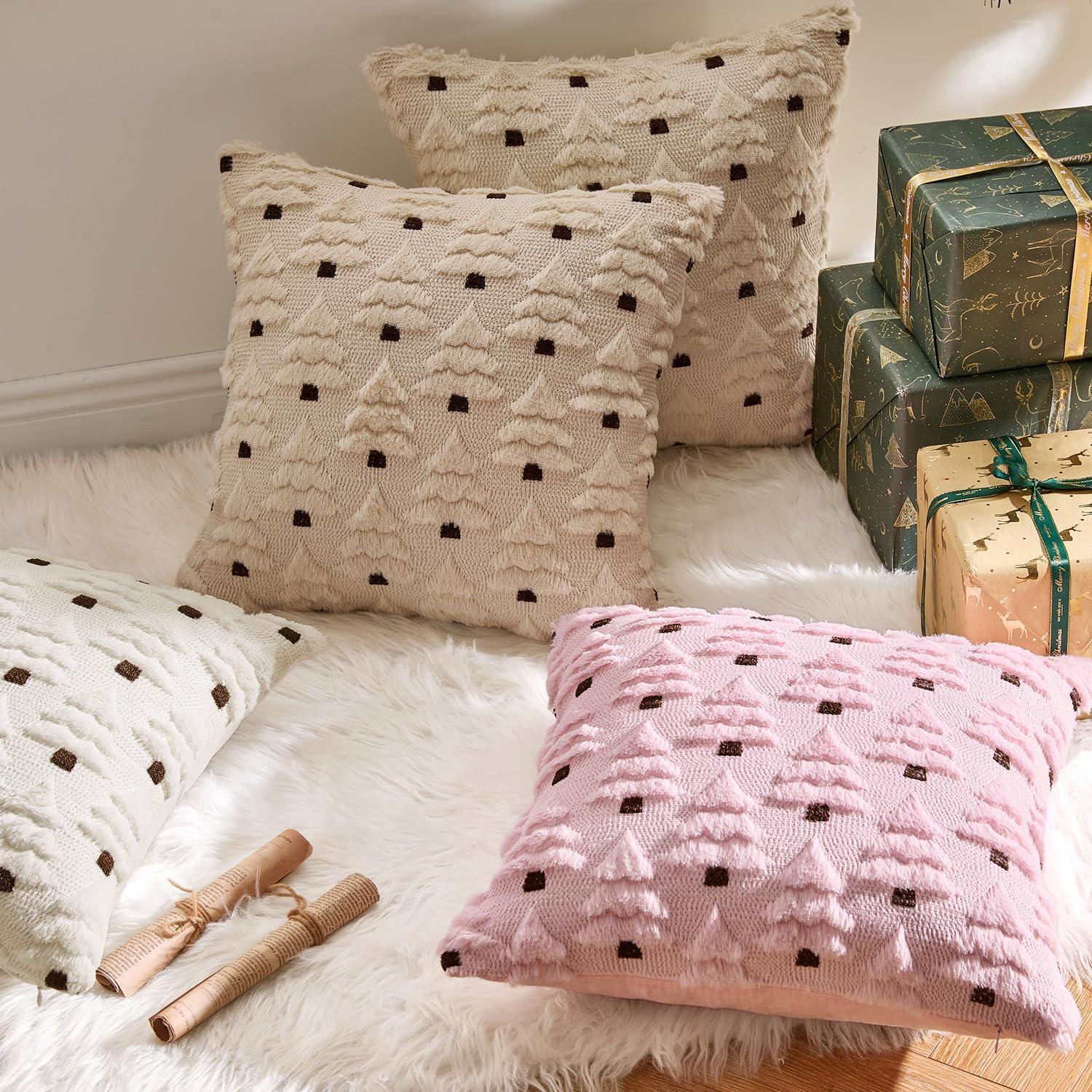 imageMIULEE Christmas Tree Decorative Pillow Covers Faux Fur Wool Throw Pillows Soft Plush Cushion Covers Set of 2 Xmas Home Decor Winter Holiday for Sofa Couch Livingroom Bed 18x18 Inch CreamCream