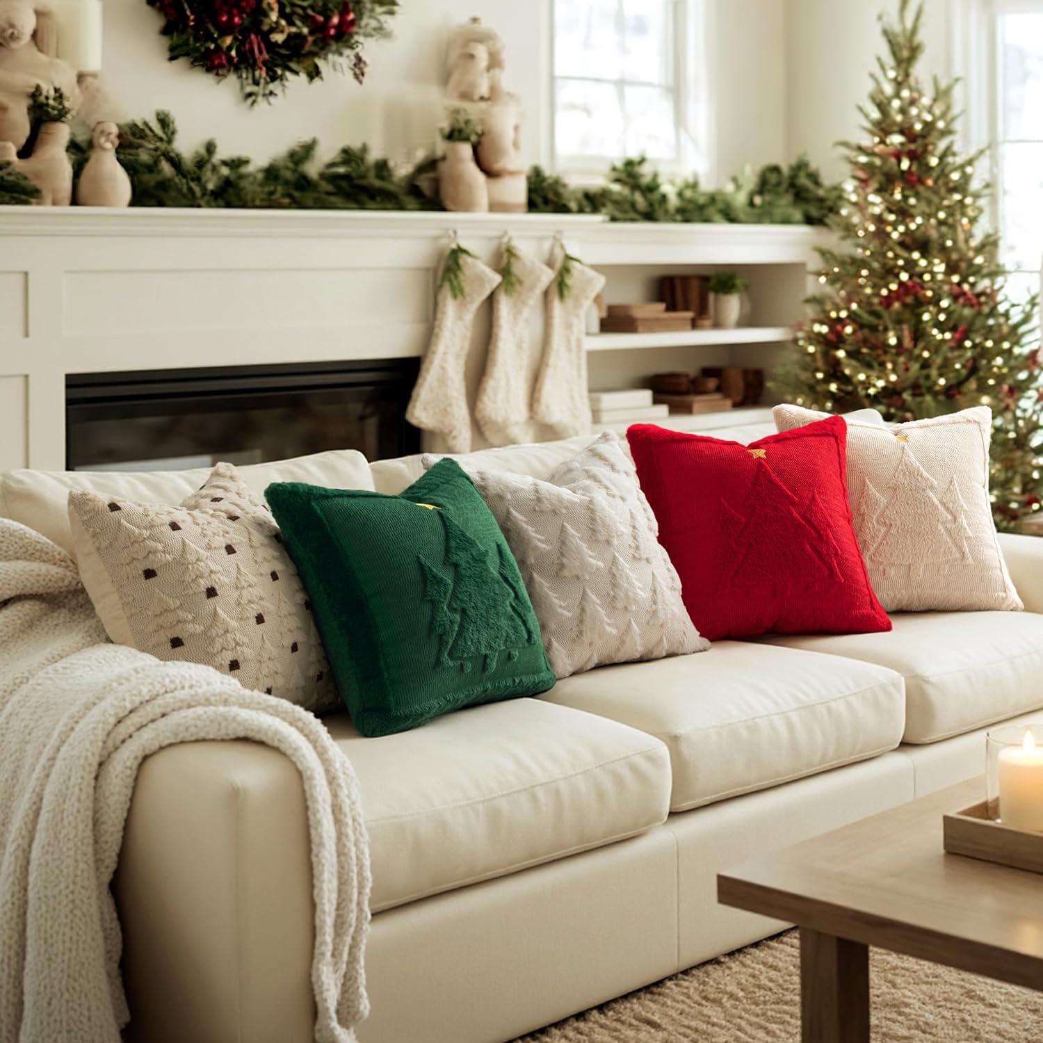 imageMIULEE Christmas Trees Pillow Covers Set of 2 Decorative Soft Throw Pillows Plush Faux Fur Wool Embroidered Couch Cushion for Holiday Winter Home Decor Chair Sofa Bedroom Living RoomGreen 18x18inchBeige