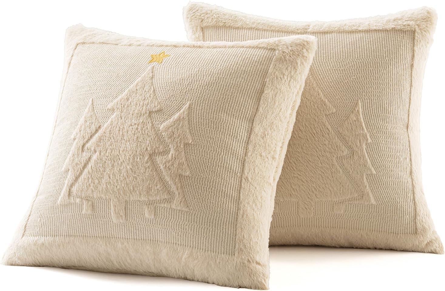 imageMIULEE Christmas Trees Pillow Covers Set of 2 Decorative Soft Throw Pillows Plush Faux Fur Wool Embroidered Couch Cushion for Holiday Winter Home Decor Chair Sofa Bedroom Living RoomGreen 18x18inchBeige