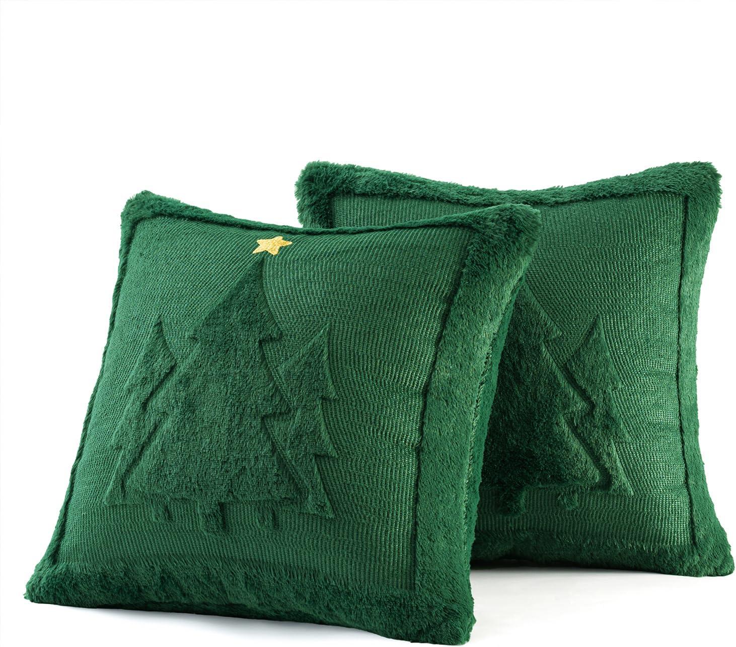 imageMIULEE Christmas Trees Pillow Covers Set of 2 Decorative Soft Throw Pillows Plush Faux Fur Wool Embroidered Couch Cushion for Holiday Winter Home Decor Chair Sofa Bedroom Living RoomGreen 18x18inchGreen