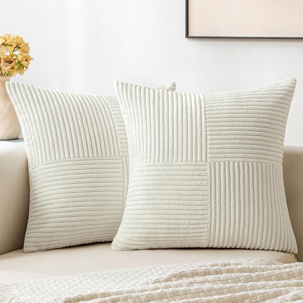 imageMIULEE Christmas White Corduroy Pillow Covers Pack of 2 Boho Decorative Spliced Throw Pillow Covers Soft Couch Pillowcases Cross Patchwork Textured Cushion Covers for Living Room Bed Sofa 18x18 inchWhite