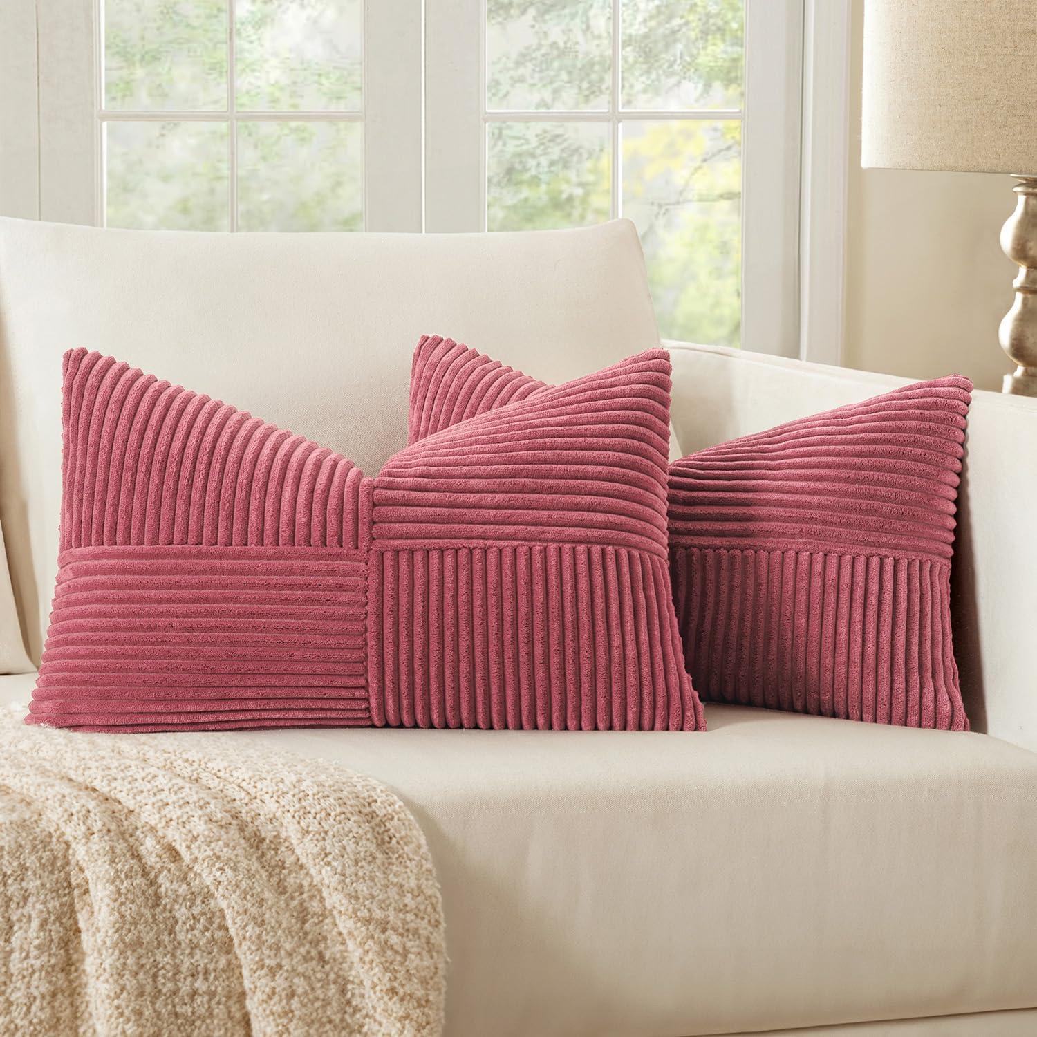 imageMIULEE Christmas White Corduroy Pillow Covers Pack of 2 Boho Decorative Spliced Throw Pillow Covers Soft Couch Pillowcases Cross Patchwork Textured Cushion Covers for Living Room Bed Sofa 18x18 inchCranberry Red