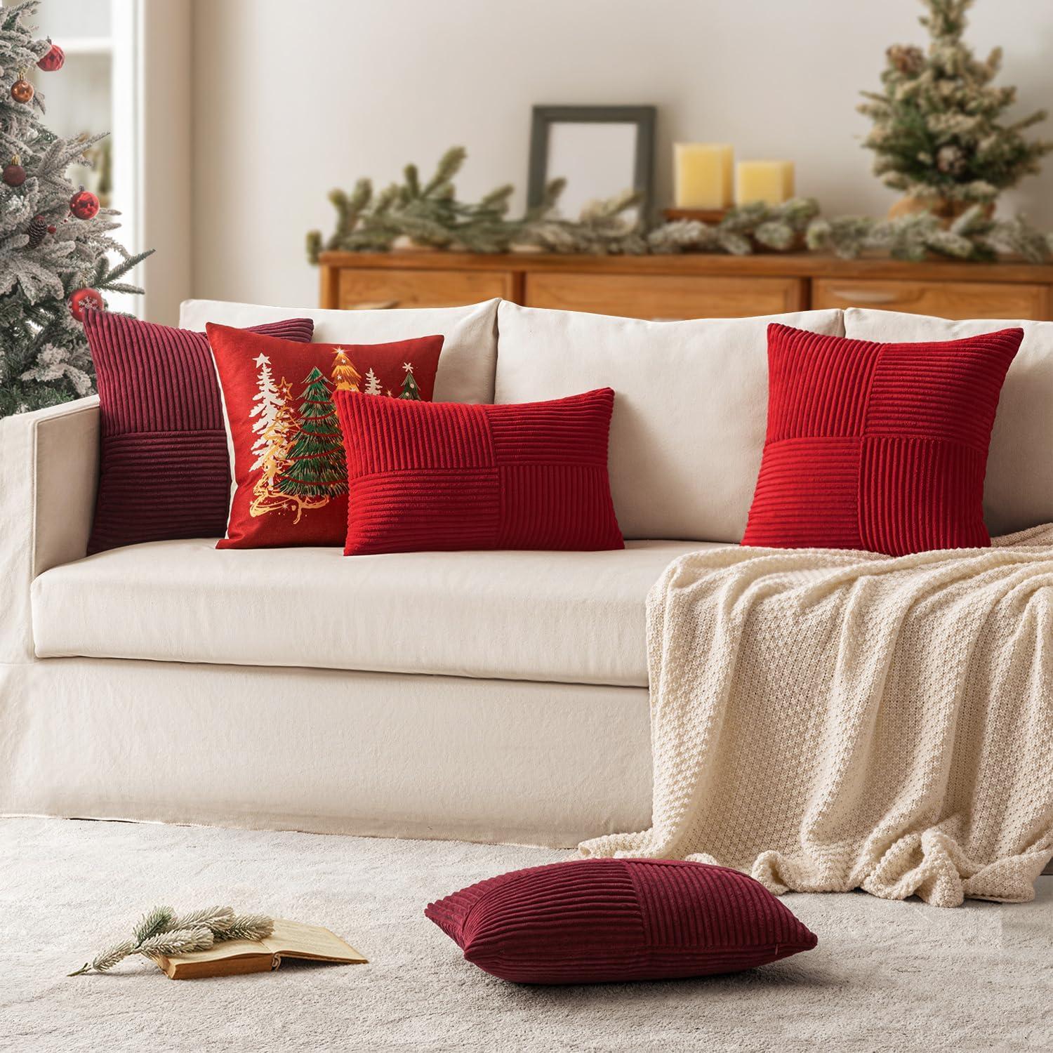 imageMIULEE Christmas White Corduroy Pillow Covers Pack of 2 Boho Decorative Spliced Throw Pillow Covers Soft Couch Pillowcases Cross Patchwork Textured Cushion Covers for Living Room Bed Sofa 18x18 inchBurgundy