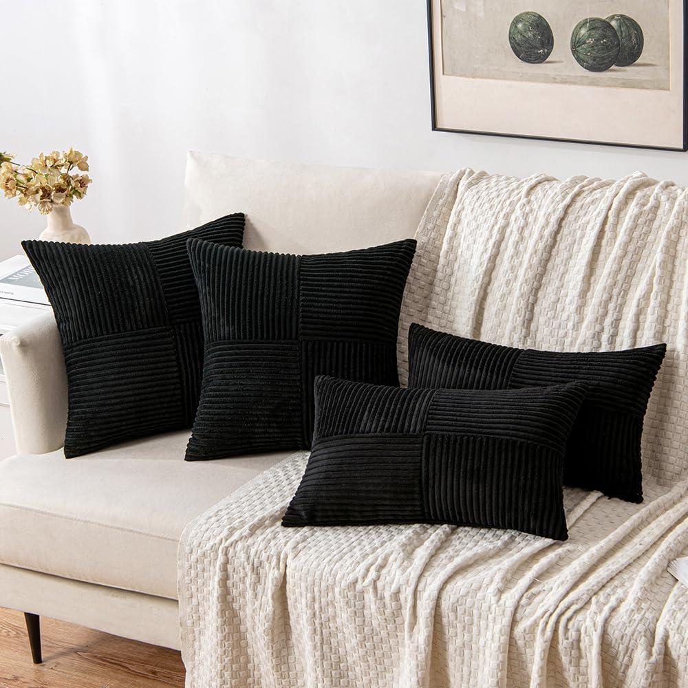 imageMIULEE Christmas White Corduroy Pillow Covers Pack of 2 Boho Decorative Spliced Throw Pillow Covers Soft Couch Pillowcases Cross Patchwork Textured Cushion Covers for Living Room Bed Sofa 18x18 inchBlack