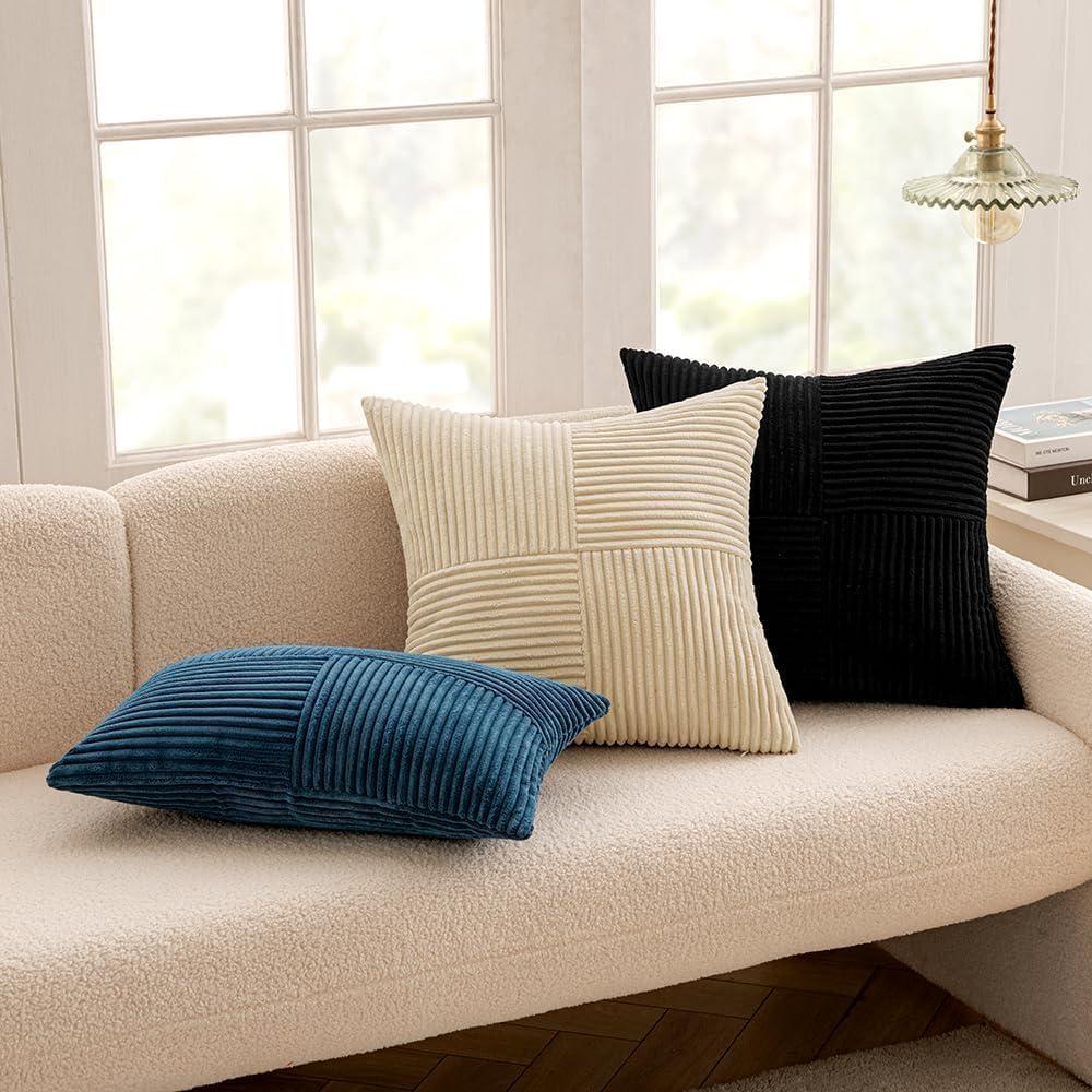 imageMIULEE Christmas White Corduroy Pillow Covers Pack of 2 Boho Decorative Spliced Throw Pillow Covers Soft Couch Pillowcases Cross Patchwork Textured Cushion Covers for Living Room Bed Sofa 18x18 inchBlack