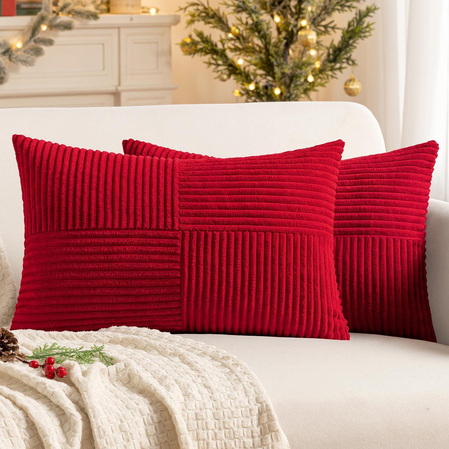 imageMIULEE Christmas White Corduroy Pillow Covers Pack of 2 Boho Decorative Spliced Throw Pillow Covers Soft Couch Pillowcases Cross Patchwork Textured Cushion Covers for Living Room Bed Sofa 18x18 inchRed