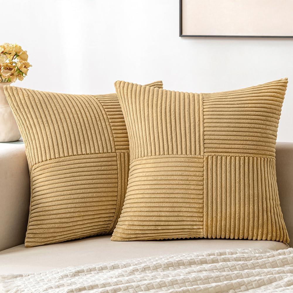 imageMIULEE Christmas White Corduroy Pillow Covers Pack of 2 Boho Decorative Spliced Throw Pillow Covers Soft Couch Pillowcases Cross Patchwork Textured Cushion Covers for Living Room Bed Sofa 18x18 inchKhaki