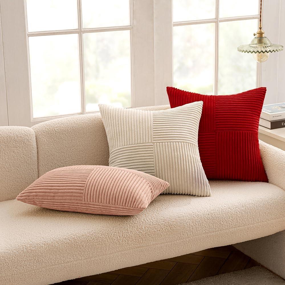 imageMIULEE Christmas White Corduroy Pillow Covers Pack of 2 Boho Decorative Spliced Throw Pillow Covers Soft Couch Pillowcases Cross Patchwork Textured Cushion Covers for Living Room Bed Sofa 18x18 inchRed
