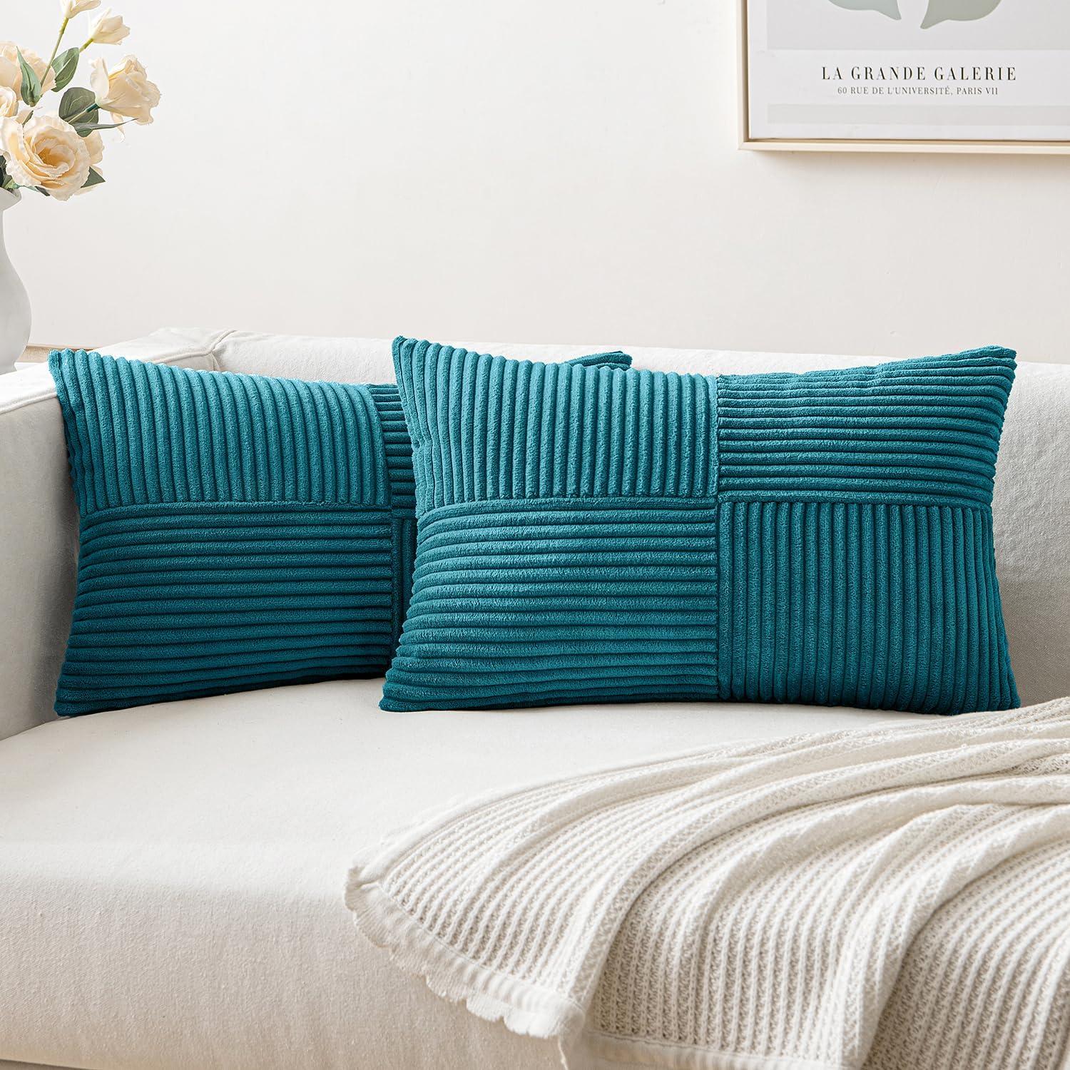 imageMIULEE Christmas White Corduroy Pillow Covers Pack of 2 Boho Decorative Spliced Throw Pillow Covers Soft Couch Pillowcases Cross Patchwork Textured Cushion Covers for Living Room Bed Sofa 18x18 inchTeal