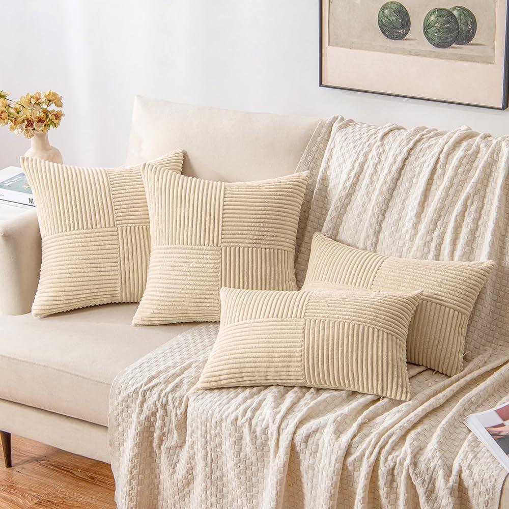 imageMIULEE Christmas White Corduroy Pillow Covers Pack of 2 Boho Decorative Spliced Throw Pillow Covers Soft Couch Pillowcases Cross Patchwork Textured Cushion Covers for Living Room Bed Sofa 18x18 inchCream