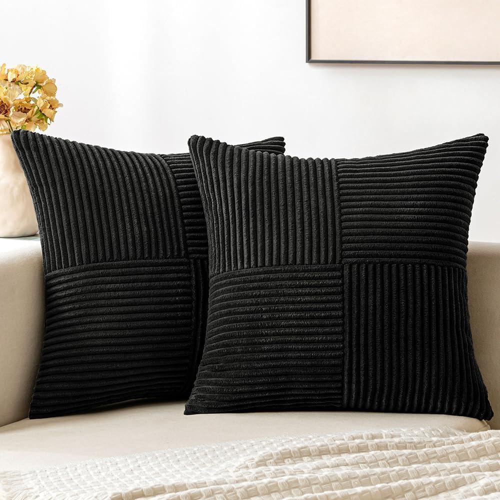 imageMIULEE Christmas White Corduroy Pillow Covers Pack of 2 Boho Decorative Spliced Throw Pillow Covers Soft Couch Pillowcases Cross Patchwork Textured Cushion Covers for Living Room Bed Sofa 18x18 inchBlack