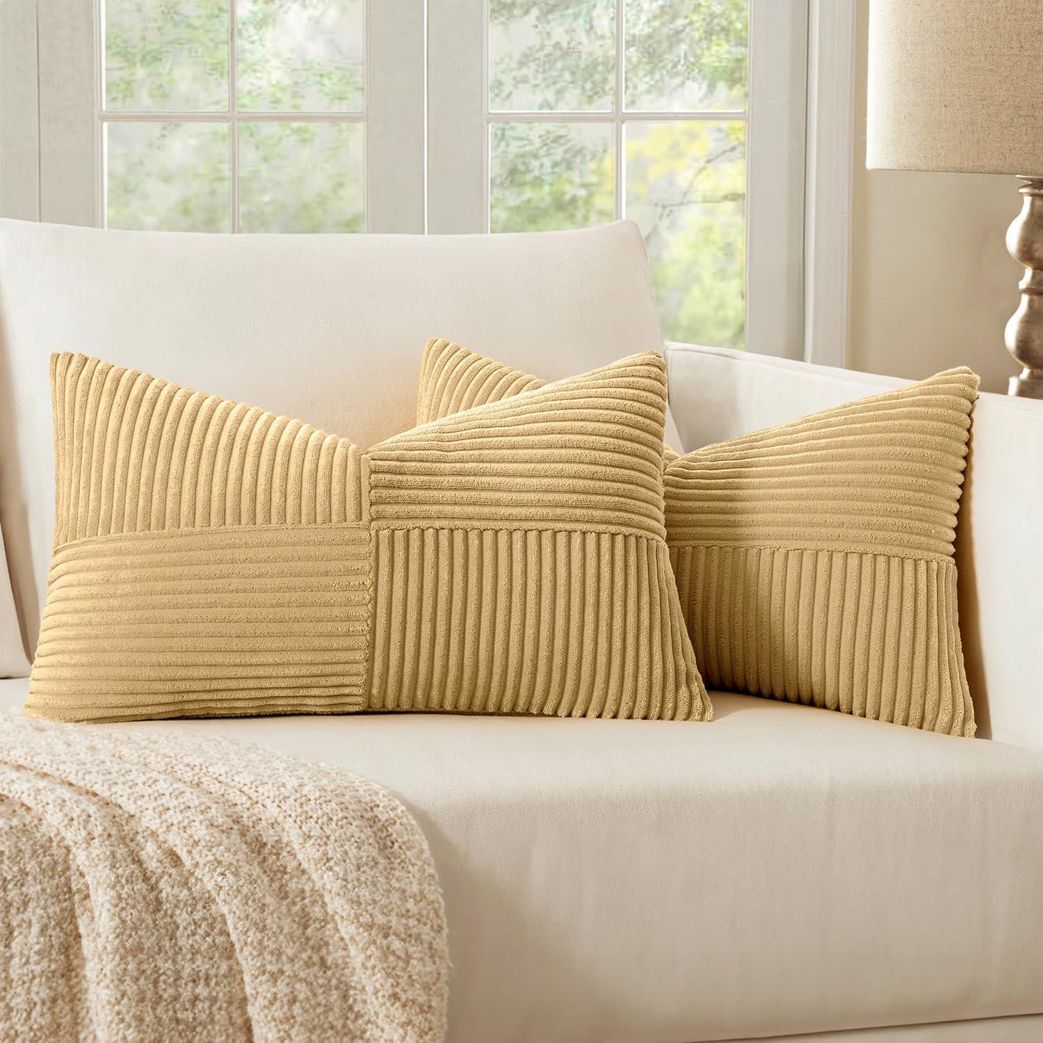 imageMIULEE Christmas White Corduroy Pillow Covers Pack of 2 Boho Decorative Spliced Throw Pillow Covers Soft Couch Pillowcases Cross Patchwork Textured Cushion Covers for Living Room Bed Sofa 18x18 inchKhaki
