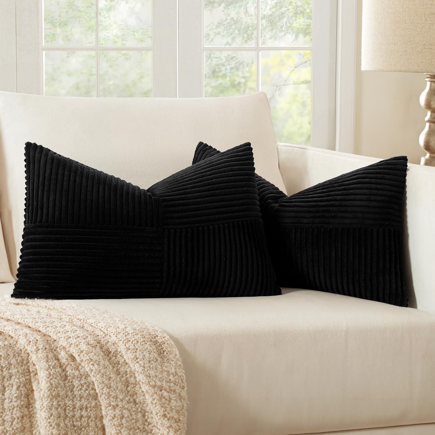 imageMIULEE Christmas White Corduroy Pillow Covers Pack of 2 Boho Decorative Spliced Throw Pillow Covers Soft Couch Pillowcases Cross Patchwork Textured Cushion Covers for Living Room Bed Sofa 18x18 inchBlack