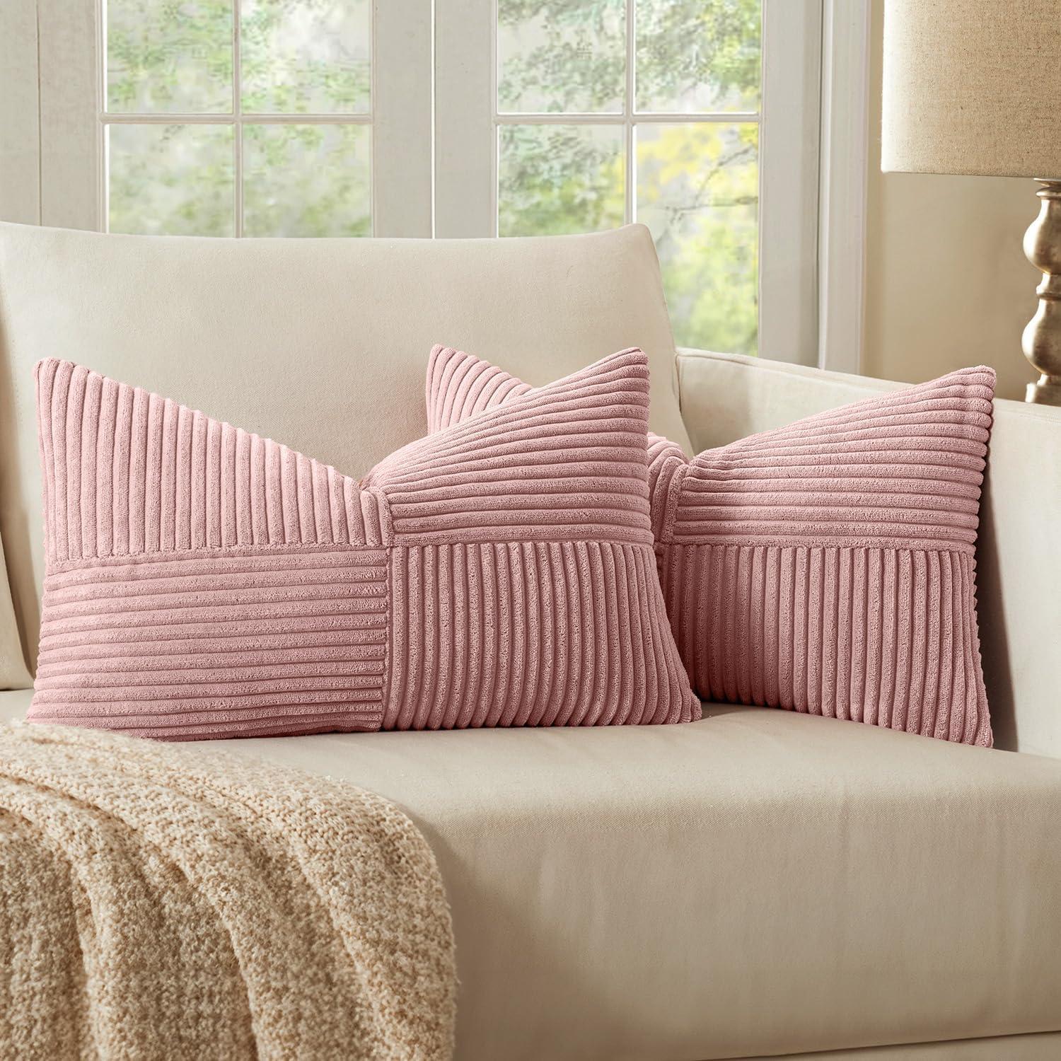 imageMIULEE Christmas White Corduroy Pillow Covers Pack of 2 Boho Decorative Spliced Throw Pillow Covers Soft Couch Pillowcases Cross Patchwork Textured Cushion Covers for Living Room Bed Sofa 18x18 inchPink