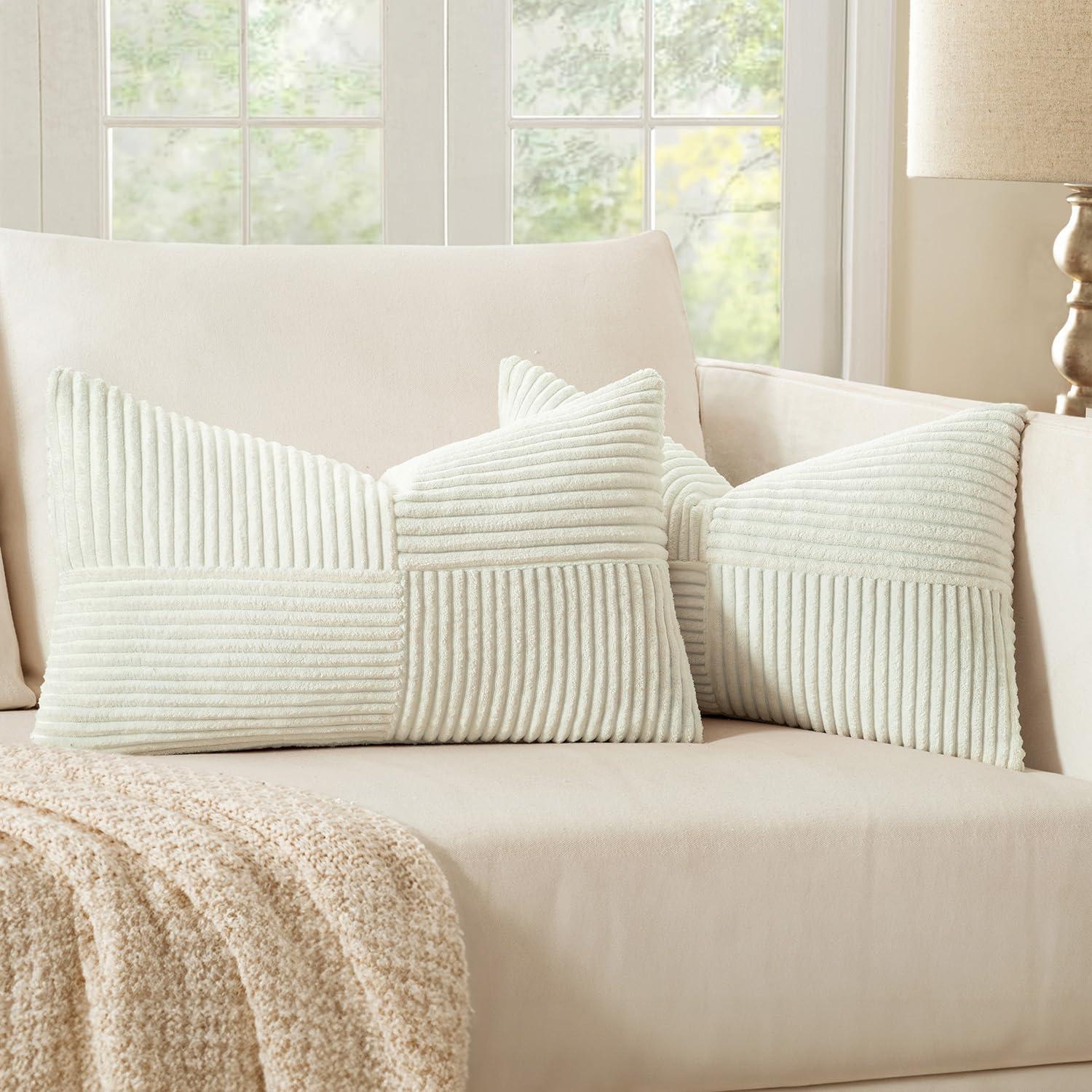 imageMIULEE Christmas White Corduroy Pillow Covers Pack of 2 Boho Decorative Spliced Throw Pillow Covers Soft Couch Pillowcases Cross Patchwork Textured Cushion Covers for Living Room Bed Sofa 18x18 inchWhite