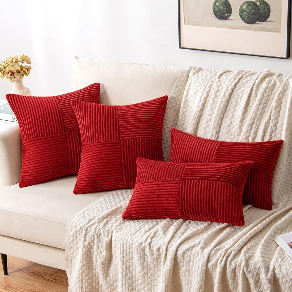 imageMIULEE Christmas White Corduroy Pillow Covers Pack of 2 Boho Decorative Spliced Throw Pillow Covers Soft Couch Pillowcases Cross Patchwork Textured Cushion Covers for Living Room Bed Sofa 18x18 inchRed