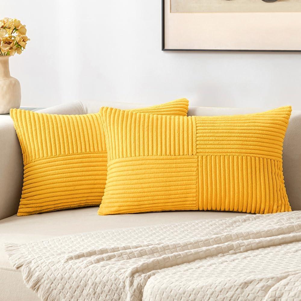 imageMIULEE Christmas White Corduroy Pillow Covers Pack of 2 Boho Decorative Spliced Throw Pillow Covers Soft Couch Pillowcases Cross Patchwork Textured Cushion Covers for Living Room Bed Sofa 18x18 inchGolden Yellow