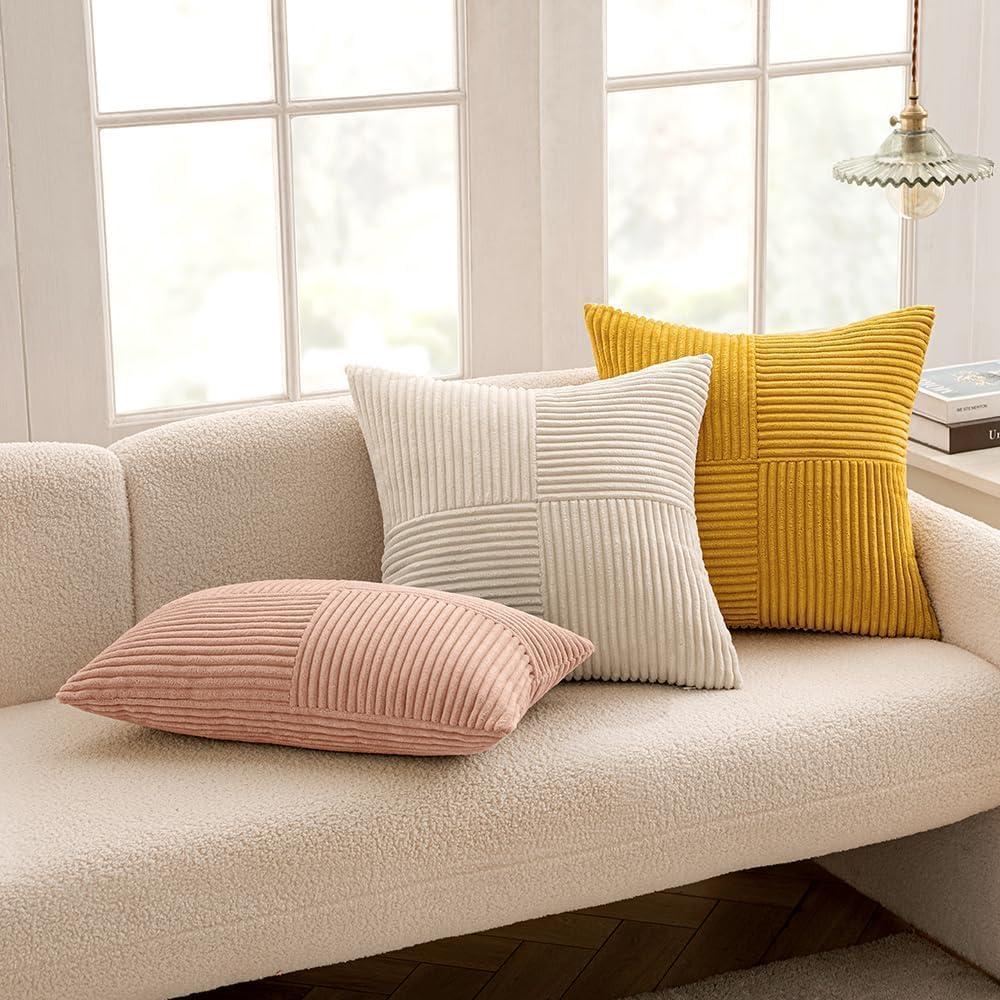 imageMIULEE Christmas White Corduroy Pillow Covers Pack of 2 Boho Decorative Spliced Throw Pillow Covers Soft Couch Pillowcases Cross Patchwork Textured Cushion Covers for Living Room Bed Sofa 18x18 inchMustard Yellow