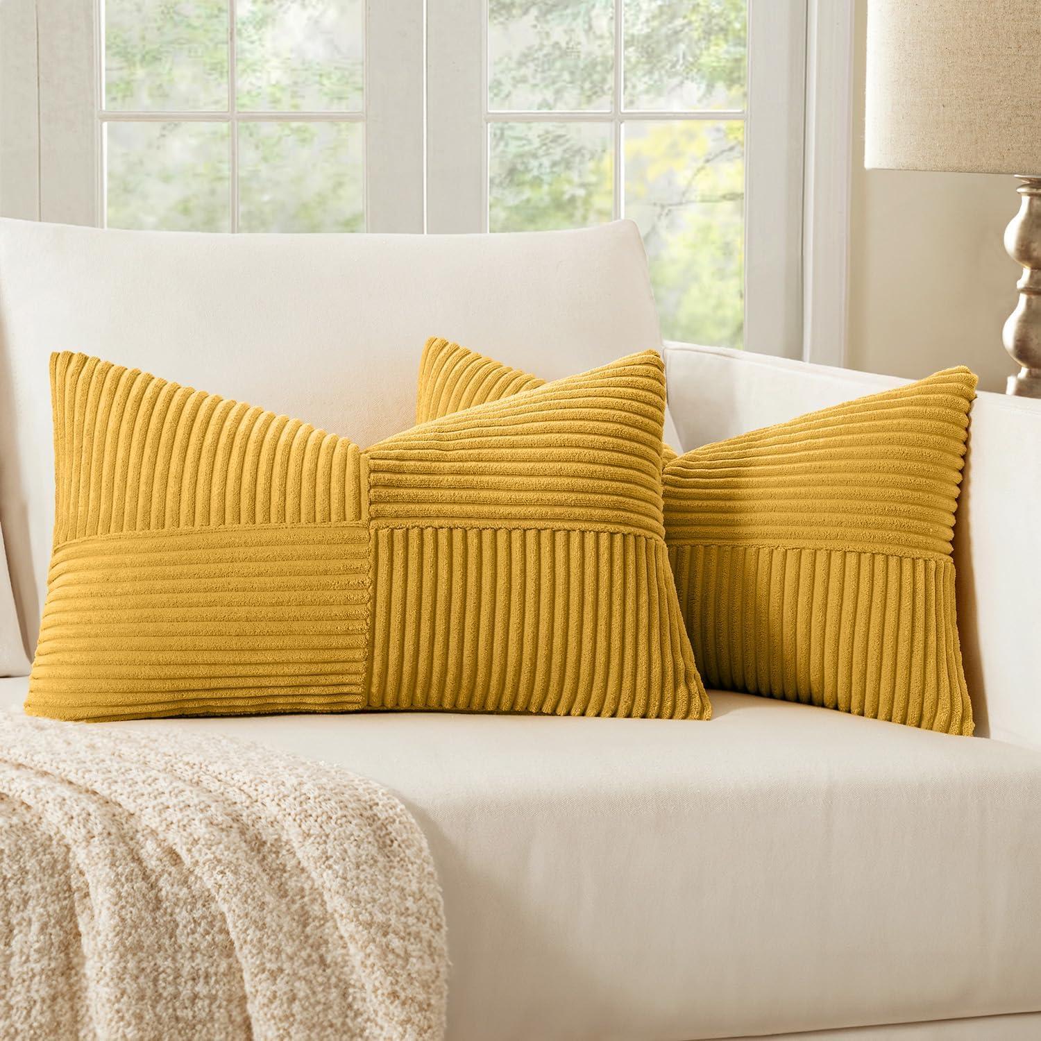 imageMIULEE Christmas White Corduroy Pillow Covers Pack of 2 Boho Decorative Spliced Throw Pillow Covers Soft Couch Pillowcases Cross Patchwork Textured Cushion Covers for Living Room Bed Sofa 18x18 inchMustard Yellow