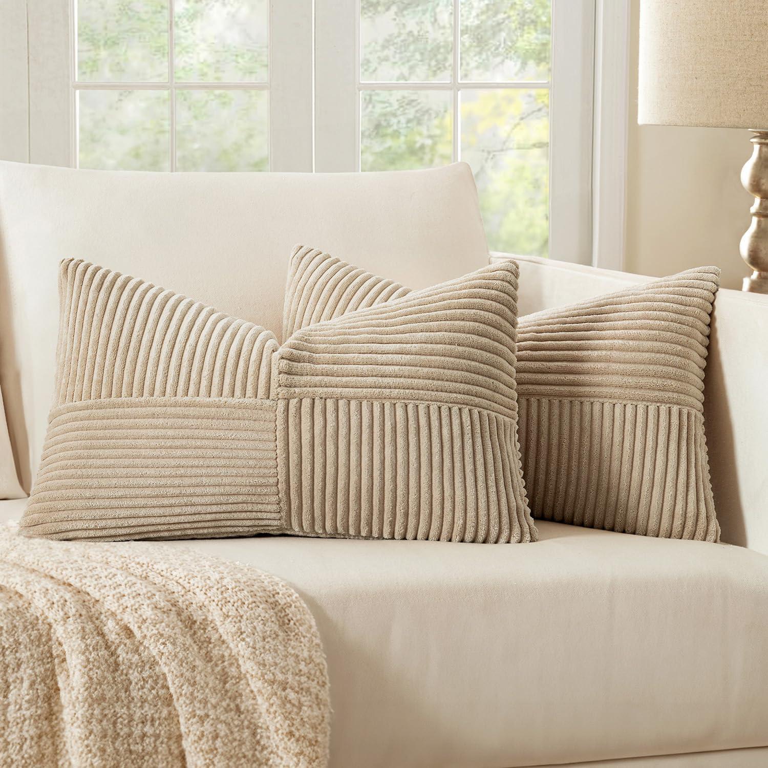 imageMIULEE Christmas White Corduroy Pillow Covers Pack of 2 Boho Decorative Spliced Throw Pillow Covers Soft Couch Pillowcases Cross Patchwork Textured Cushion Covers for Living Room Bed Sofa 18x18 inchCream