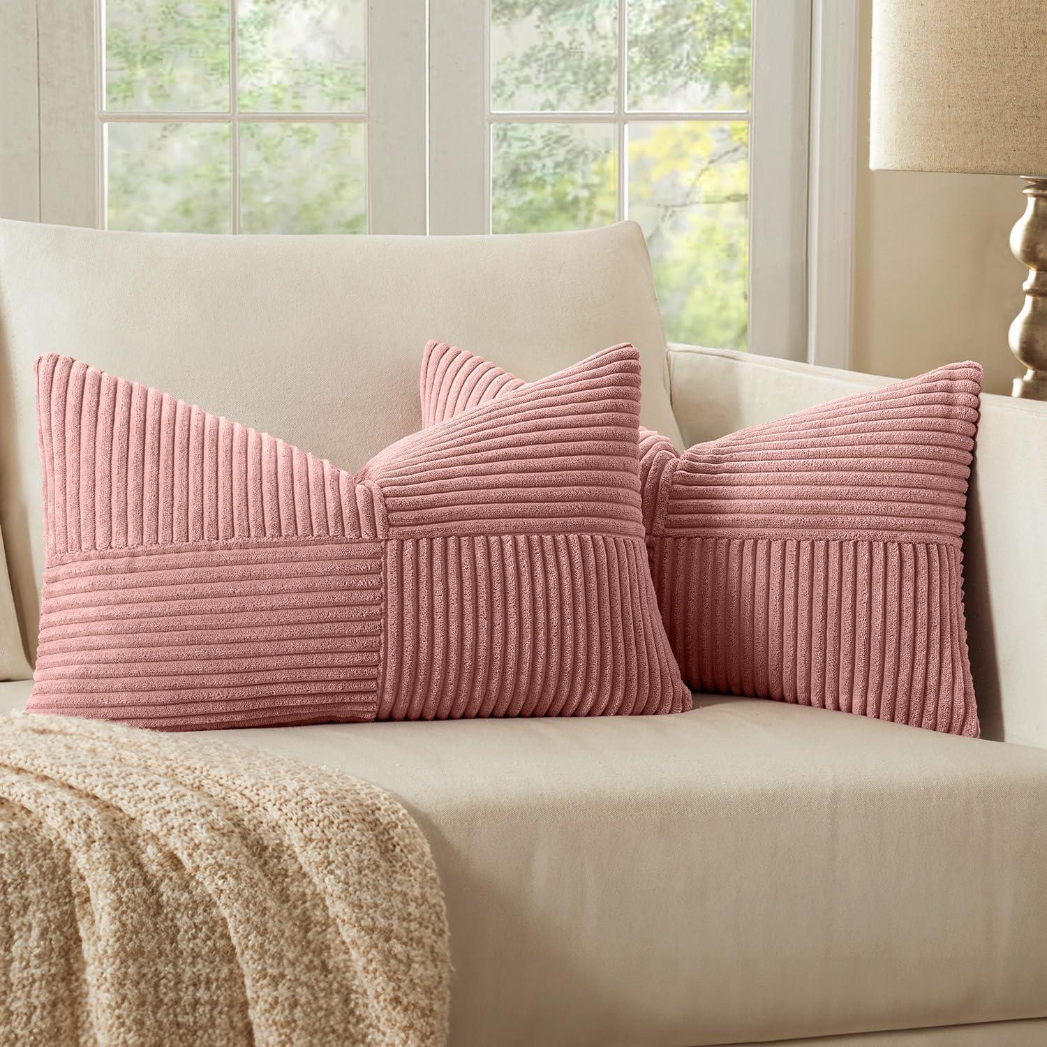 imageMIULEE Christmas White Corduroy Pillow Covers Pack of 2 Boho Decorative Spliced Throw Pillow Covers Soft Couch Pillowcases Cross Patchwork Textured Cushion Covers for Living Room Bed Sofa 18x18 inchBlush Pink