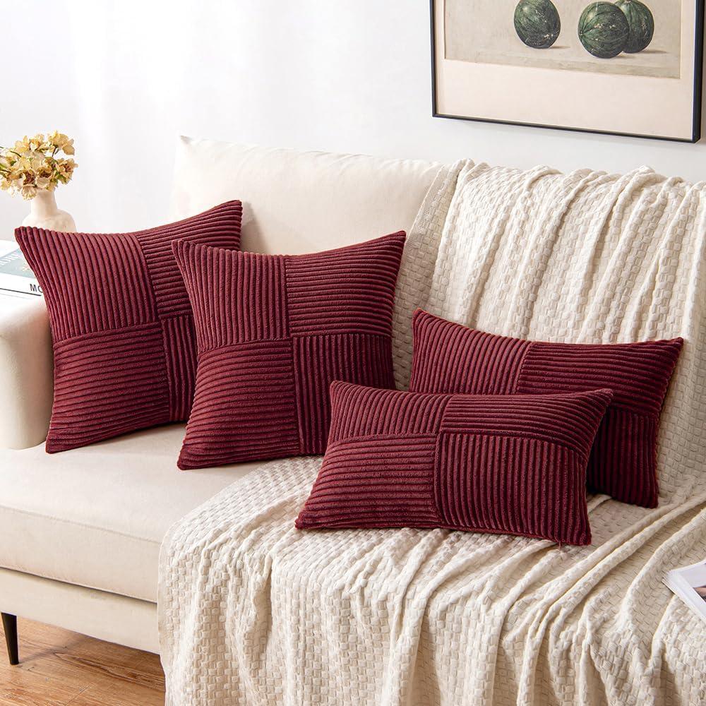 imageMIULEE Christmas White Corduroy Pillow Covers Pack of 2 Boho Decorative Spliced Throw Pillow Covers Soft Couch Pillowcases Cross Patchwork Textured Cushion Covers for Living Room Bed Sofa 18x18 inchBurgundy