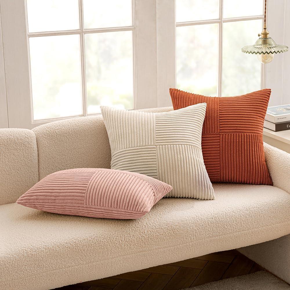 imageMIULEE Christmas White Corduroy Pillow Covers Pack of 2 Boho Decorative Spliced Throw Pillow Covers Soft Couch Pillowcases Cross Patchwork Textured Cushion Covers for Living Room Bed Sofa 18x18 inchPink