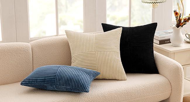 imageMIULEE Christmas White Corduroy Pillow Covers Pack of 2 Boho Decorative Spliced Throw Pillow Covers Soft Couch Pillowcases Cross Patchwork Textured Cushion Covers for Living Room Bed Sofa 18x18 inchBlack