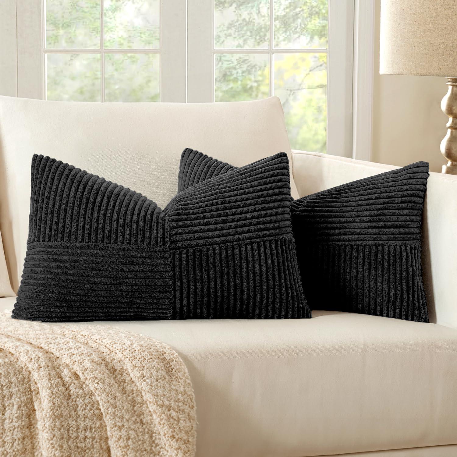 imageMIULEE Christmas White Corduroy Pillow Covers Pack of 2 Boho Decorative Spliced Throw Pillow Covers Soft Couch Pillowcases Cross Patchwork Textured Cushion Covers for Living Room Bed Sofa 18x18 inchBlack