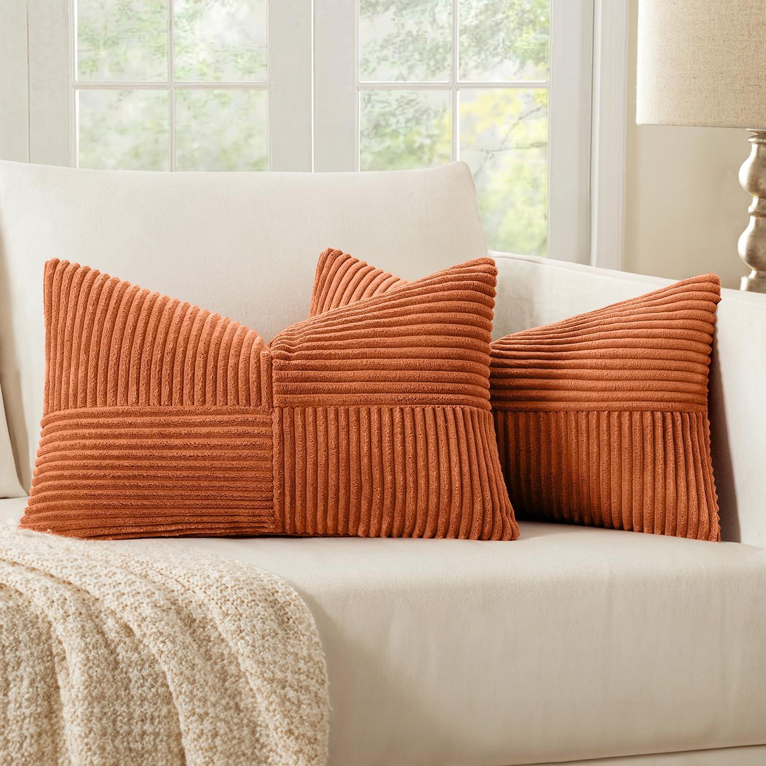 imageMIULEE Christmas White Corduroy Pillow Covers Pack of 2 Boho Decorative Spliced Throw Pillow Covers Soft Couch Pillowcases Cross Patchwork Textured Cushion Covers for Living Room Bed Sofa 18x18 inchOrange