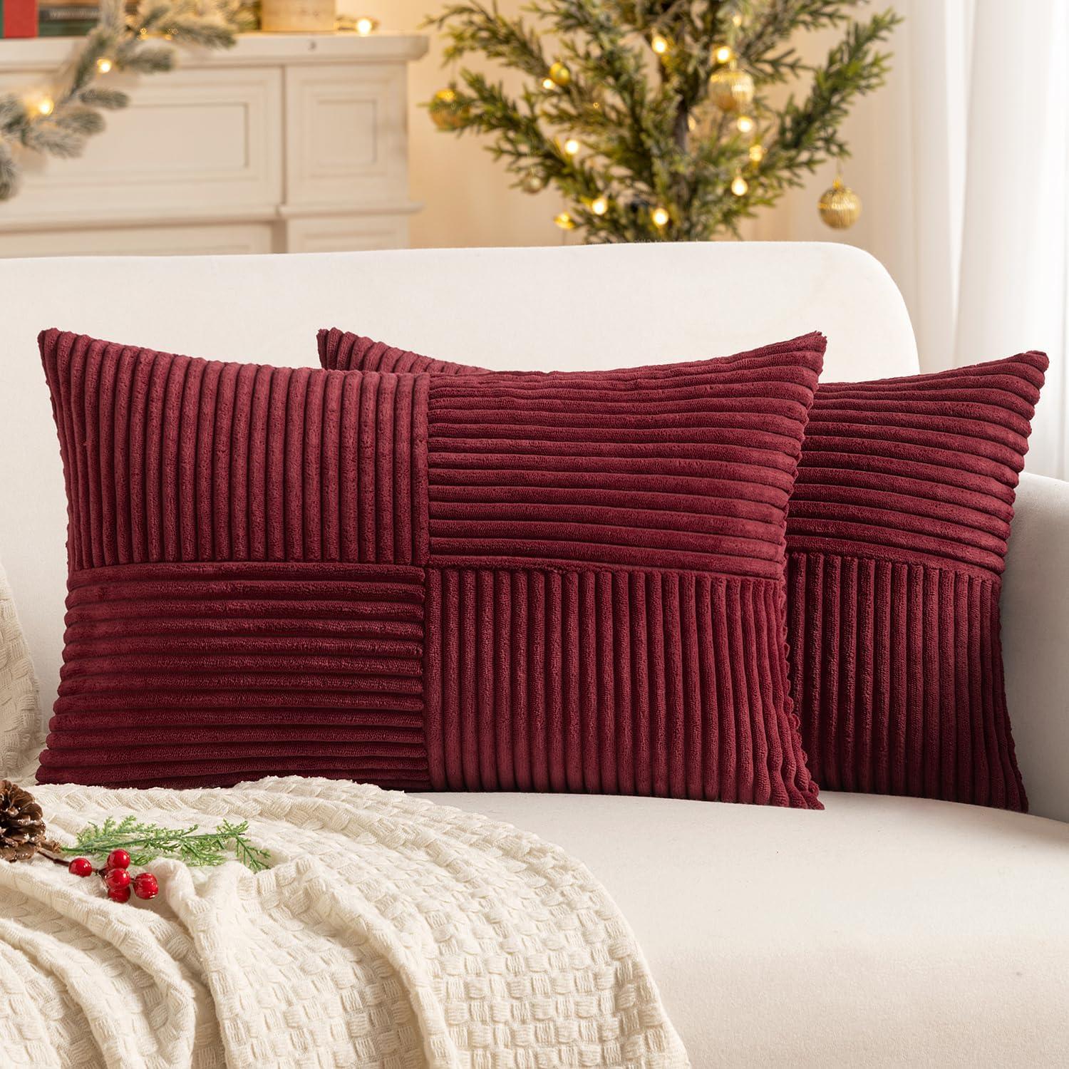 imageMIULEE Christmas White Corduroy Pillow Covers Pack of 2 Boho Decorative Spliced Throw Pillow Covers Soft Couch Pillowcases Cross Patchwork Textured Cushion Covers for Living Room Bed Sofa 18x18 inchBurgundy
