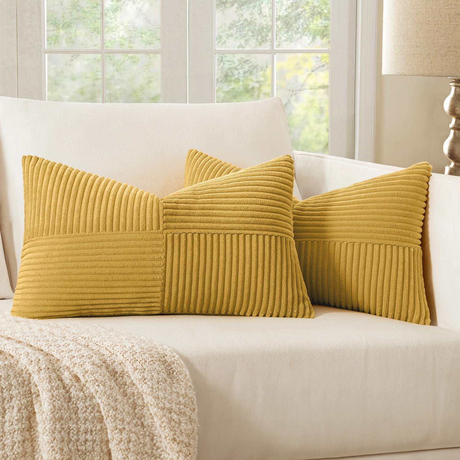 imageMIULEE Christmas White Corduroy Pillow Covers Pack of 2 Boho Decorative Spliced Throw Pillow Covers Soft Couch Pillowcases Cross Patchwork Textured Cushion Covers for Living Room Bed Sofa 18x18 inchGolden Mustard
