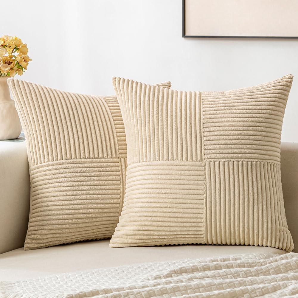 imageMIULEE Christmas White Corduroy Pillow Covers Pack of 2 Boho Decorative Spliced Throw Pillow Covers Soft Couch Pillowcases Cross Patchwork Textured Cushion Covers for Living Room Bed Sofa 18x18 inchCream