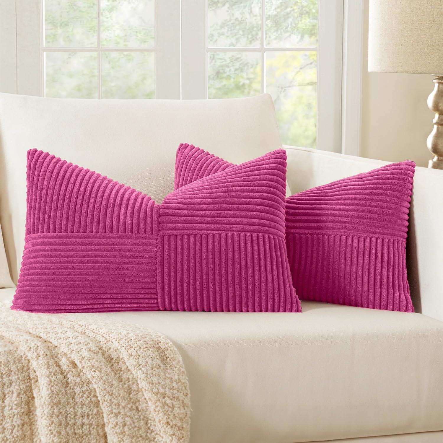 imageMIULEE Christmas White Corduroy Pillow Covers Pack of 2 Boho Decorative Spliced Throw Pillow Covers Soft Couch Pillowcases Cross Patchwork Textured Cushion Covers for Living Room Bed Sofa 18x18 inchHot Pink