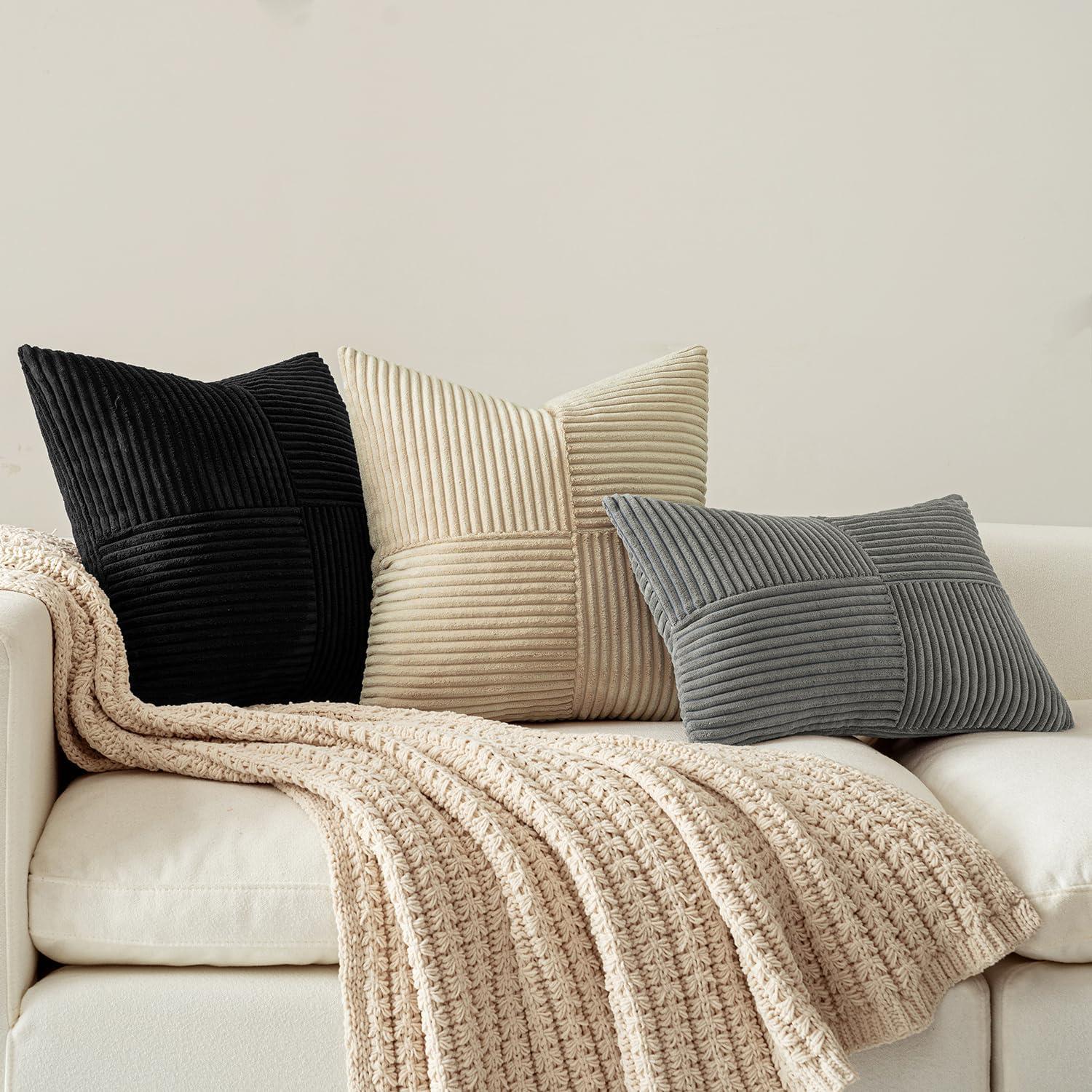 imageMIULEE Christmas White Corduroy Pillow Covers Pack of 2 Boho Decorative Spliced Throw Pillow Covers Soft Couch Pillowcases Cross Patchwork Textured Cushion Covers for Living Room Bed Sofa 18x18 inchBlack