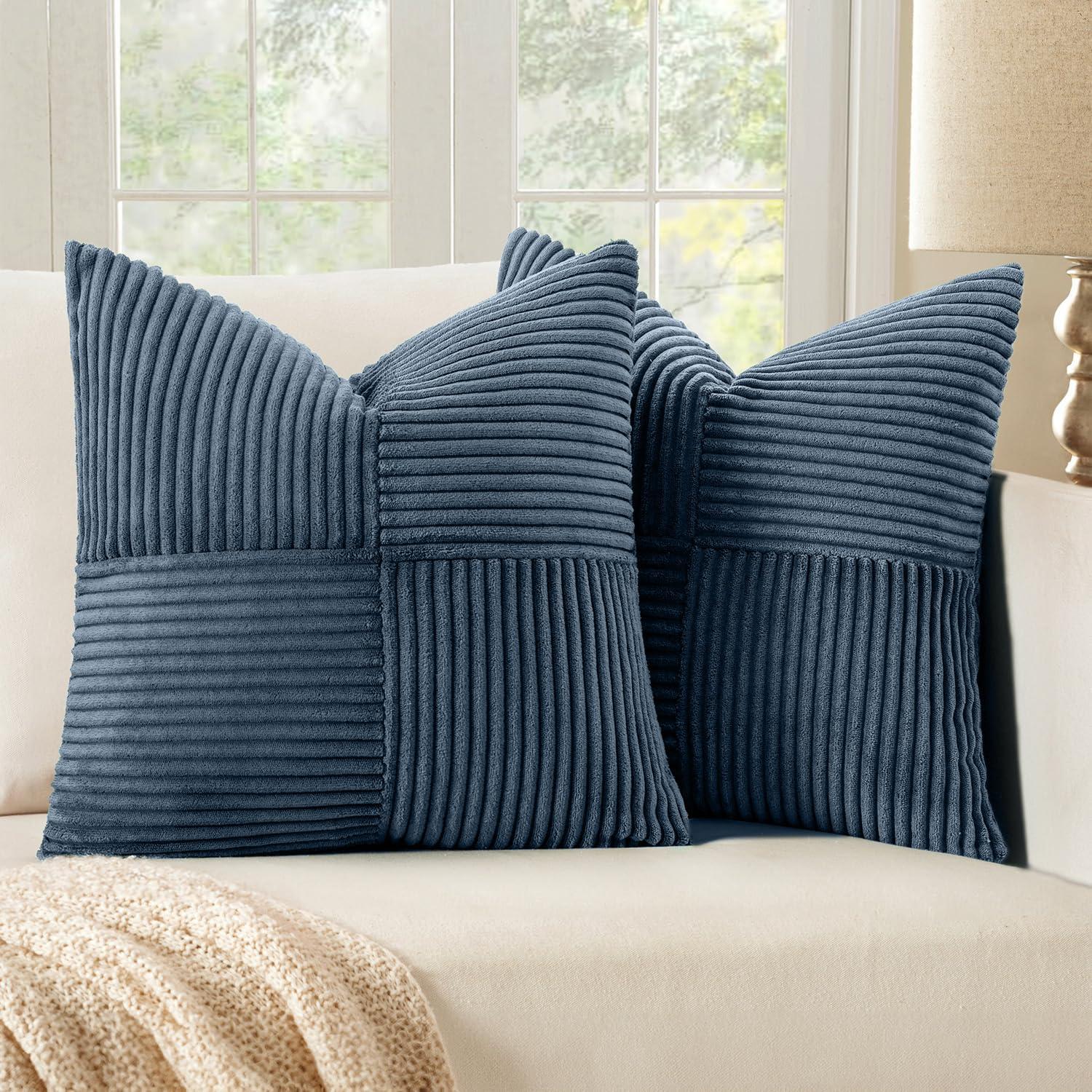 imageMIULEE Christmas White Corduroy Pillow Covers Pack of 2 Boho Decorative Spliced Throw Pillow Covers Soft Couch Pillowcases Cross Patchwork Textured Cushion Covers for Living Room Bed Sofa 18x18 inchBlue