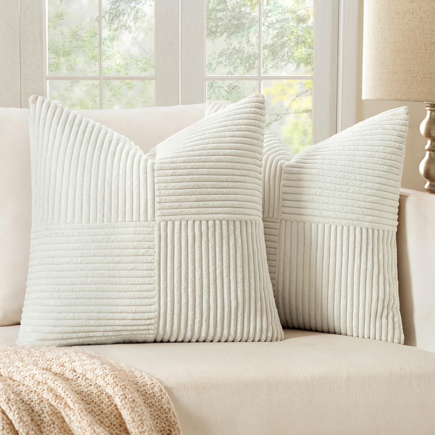 imageMIULEE Christmas White Corduroy Pillow Covers Pack of 2 Boho Decorative Spliced Throw Pillow Covers Soft Couch Pillowcases Cross Patchwork Textured Cushion Covers for Living Room Bed Sofa 18x18 inchWhite