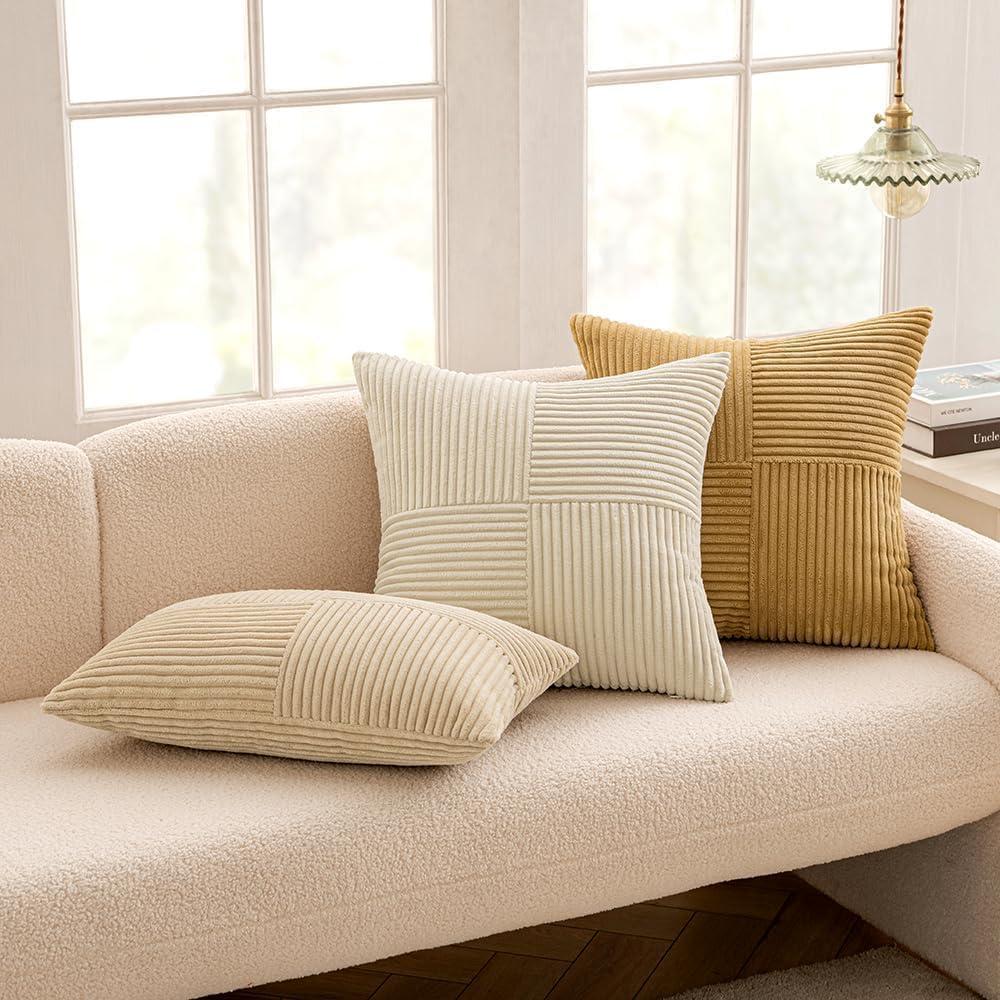 imageMIULEE Christmas White Corduroy Pillow Covers Pack of 2 Boho Decorative Spliced Throw Pillow Covers Soft Couch Pillowcases Cross Patchwork Textured Cushion Covers for Living Room Bed Sofa 18x18 inchCream